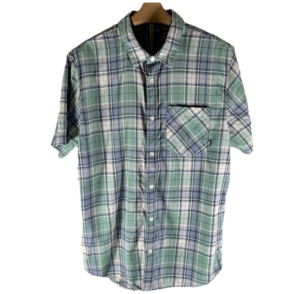 Men's Vans Medium Blue & Green Plaid Short Sleeve Button Down Shirt Off The Wall